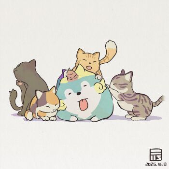 :p animal animal_focus cat closed_eyes closed_mouth commentary_request dated highres no_humans simple_background tama-jii tensui_no_sakuna-hime tongue tongue_out white_background y_koichi