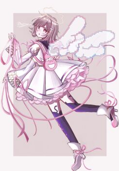 1girl :o alternate_costume angel_wings animal_bag black_thighhighs blush brown_background brown_hair cat_bag danganronpa_(series) danganronpa_2:_goodbye_despair dress flipped_hair hair_ornament halo highres juliet_sleeves long_sleeves looking_at_viewer medium_hair nanami_chiaki pink_bag pink_eyes puffy_sleeves shoes solo thighhighs white_background white_dress wings wnqpq