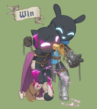 Rule 34 | 1boy, 1girl, after battle, animal ears, armor, armored boots, belt, belt buckle, black skin, bleeding, blood, blue eyes, blush, boots, buckle, cape, cat ears, chain, chainmail, codpiece, colored blood, colored skin, colored tongue, cum, cum pool, cum string, english text, fellatio, full body, fur-trimmed cape, fur trim, garter belt, gloves, glowing, glowing eyes, green background, hetero, leg armor, nude, o-ring, open mouth, oral, original, penis, purple blood, purple cape, purple eyes, purple tongue, simple background, simulated fellatio, spikes, standing, sweat, tears, thighhighs, thighs, torn clothes, tosx, vambraces