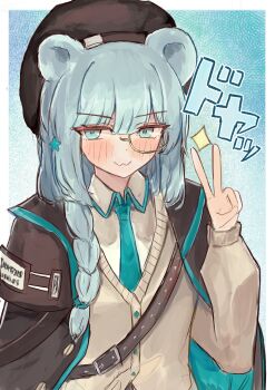 Rule 34 | 1girl, :3, absurdres, animal ears, aqua necktie, arknights, beret, black cape, black hat, blue eyes, blue hair, blush, braid, brown cardigan, buttons, cape, cardigan, closed mouth, collared shirt, commentary request, hair between eyes, hair ornament, hand up, hat, highres, istina (arknights), long hair, long sleeves, looking at viewer, necktie, partial commentary, rorumarimo, shirt, smile, smug, solo, sound effects, sparkle, star (symbol), star hair ornament, upper body, v, white shirt