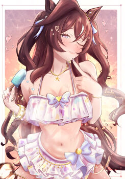 1girl animal_ears bare_shoulders bikini bikini_skirt blush bracelet breasts brown_hair cleavage floral_print floral_print_bikini food frilled_bikini frills hair_between_eyes hair_ornament heart highres holding holding_food holding_popsicle horse_ears horse_girl horse_tail jewelry long_hair looking_at_viewer medium_breasts melting_popsicle mole mole_under_eye multicolored_hair navel necklace official_alternate_costume official_alternate_hairstyle one_eye_closed parted_lips pink_bikini pink_sky popsicle print_bikini purple_eyes quyyaq ruffle_bikini sky smile solo star_(symbol) star_necklace stomach streaked_hair swimsuit tail umamusume vivlos_(eclat_d&#039;ete)_(umamusume) vivlos_(umamusume) white_streaks
