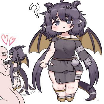 1boy 1girl :< ? afterimage black_eyes black_hair breasts carrying carrying_person commentary_request dragon_girl heart highres horns kidian_(trickcal) large_breasts long_hair mo23 tail tail_wagging trickcal twintails white_background wings