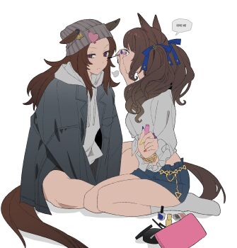 2girls animal_ears applying_another's_makeup applying_makeup beanie betti_(xx_betti) blue_shorts breasts brown_hair closed_mouth denim denim_jacket denim_shorts ears_through_headwear grey_hat hair_between_eyes hat highres holding hood hooded_sweater hoodie horse_ears horse_girl horse_tail jacket long_hair long_sleeves mascara_wand multiple_girls nakayama_festa_(casual)_(umamusume) nakayama_festa_(umamusume) open_clothes open_jacket purple_eyes shirt shorts sitting socks speech_bubble striped_clothes striped_headwear sweater tail tied_shirt tosen_jordan_(casual)_(umamusume) tosen_jordan_(umamusume) translation_request twintails umamusume vertical-striped_clothes vertical-striped_headwear white_hoodie white_shirt white_socks