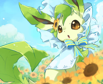 blue_sky bonnet brown_eyes cloud day field flower gen_4_pokemon hashtag-only_commentary highres leafeon looking_to_the_side nintendo no_humans open_mouth outdoors pokemon pokemon_(creature) sky solo sunflower toneko white_bonnet