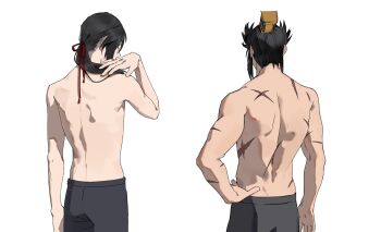 2boys absurdres black_pants cao_cao_(shin_sangoku_musou) commentary_request facing_away from_behind hair_over_shoulder hair_ribbon hand_in_own_hair hand_on_own_hip highres long_hair male_focus multiple_boys multiple_scars muscular muscular_male p3ach0520 pants ponytail red_ribbon ribbon scar scar_on_arm scar_on_back scars_all_over shin_sangoku_musou shin_sangoku_musou_origins short_hair sidelocks too_many topless_male white_background xun_yu_(shin_sangoku_musou)