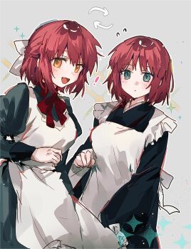 ! 2girls apron black_dress black_kimono blue_eyes bow closed_mouth commentary cosplay costume_switch dress expressionless grey_background hair_bow highres hisui_(tsukihime) hisui_(tsukihime)_(cosplay) japanese_clothes juliet_sleeves kimono kohaku_(tsukihime) kohaku_(tsukihime)_(cosplay) long_sleeves looking_at_viewer maid multiple_girls open_mouth puffy_sleeves red_hair short_hair simple_background smile tsukihime wa_maid white_apron white_bow wide_sleeves yakksan yellow_eyes