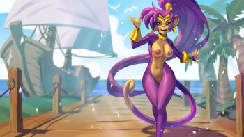 1girl absurdres alanscampos animal_ears blue_eyes breasts cleft_of_venus dock earrings furry high_ponytail highres hoop_earrings jewelry long_hair monkey monkey_ears monkey_girl monkey_tail navel nipples nude palm_tree ponytail purple_hair pussy shantae shantae_(series) ship tail tiara tree vambraces watercraft