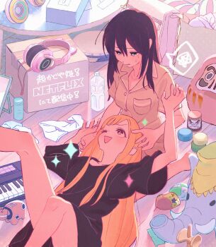 Rule 34 | 2girls, ;d, animal ear headphones, animal ears, arm up, black hair, black shirt, blonde hair, bottle, box, cardboard box, cat ear headphones, cat ears, cho kaguya-hime!, commentary request, daruma doll, fake animal ears, green pajamas, headphones, highres, indoors, instrument, kaguya (cho kaguya-hime!), keyboard (instrument), legs up, long hair, looking at another, looking down, looking up, lying, lying on lap, ma 2224, messy room, multiple girls, on back, on floor, one eye closed, open mouth, pajamas, purple hair, sakayori iroha, shirt, short sleeves, sitting, smile, spoken squiggle, squiggle, stuffed elephant, t-shirt, table, translation request, water bottle