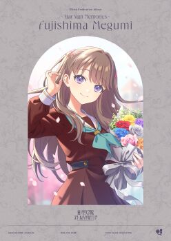 1girl absurdres album_cover arm_up black_gloves blue_flower blue_rose bouquet brown_dress brown_hair character_logo character_name cherry_blossoms closed_mouth commentary_request copyright_logo cover dress english_text falling_petals flower fujishima_megumi gloves graduation green_flower green_rose grey_flower grey_rose group_name half_gloves hasu_no_sora_school_uniform highres holding holding_bouquet link!_like!_love_live! logo long_hair long_sleeves love_live! official_art orange_flower orange_rose petals pink_flower pink_petals pink_rose pleated_dress purple_eyes purple_flower purple_rose rose sailor_collar sailor_dress school_uniform second-party_source smile solo split_mouth two_side_up virtual_youtuber white_sailor_collar winter_uniform yellow_flower yellow_rose