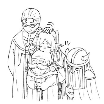 1girl 3boys armor beard cane capelet closed_eyes commentary_request dwarf eisen_(sousou_no_frieren) elf facial_hair fake_horns frieren glasses greyscale headpat heiter helmet himmel_(sousou_no_frieren) horned_helmet horns lineart long_hair long_sleeves monochrome multiple_boys mustache nos_fri old old_man pointy_ears rectangular_eyewear robe short_hair shoulder_armor smile sousou_no_frieren twintails very_short_hair