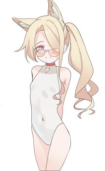 1girl animal_ears arms_behind_back blonde_hair blue_archive blue_eyes breasts collarbone fox_ears fox_girl hair_over_one_eye kaino_ko_(mmcg5735) loli long_hair looking_at_viewer one-piece_swimsuit pink_eyes ponytail seia_(blue_archive) seia_(swimsuit)_(blue_archive) side_ponytail sidelocks small_breasts smile standing sunglasses swimsuit white_background white_one-piece_swimsuit