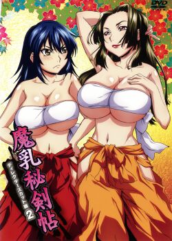 2girls absurdres age_difference blue_hair blush box_art breasts bust_chart cleavage clothing_cutout forehead fundoshi green_hair hair_down hakama hakama_skirt hand_on_breast hand_on_own_hip highres hip_vent huge_breasts japanese_clothes large_breasts lipstick long_hair makeup manyuu_chifusa manyuu_hikenchou mature_female multiple_girls navel official_art scan shiny_skin skirt source_request stomach sweat takagi_jun toyo_(manyuu_hikenchou) underboob wide_hips