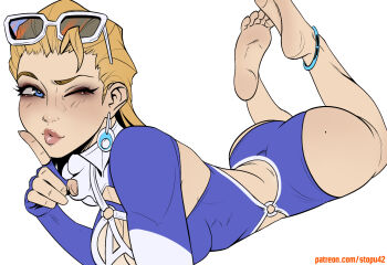 1girl anklet ass bare_shoulders blonde_hair blue-tinted_eyewear blue_eyes breasts cleavage closed_mouth earrings eyelashes eyewear_on_head finger_to_mouth full_body half-closed_eyes highres index_finger_raised jewelry large_breasts leotard light_blush lips long_hair looking_at_viewer lying marvel marvel_rivals mole mole_on_ass nose official_alternate_costume on_stomach one_eye_closed patreon_username purple_leotard shushing simple_background solo stopu sue_storm sue_storm_(azure_shade) sunglasses tinted_eyewear toes white-framed_eyewear white_background
