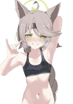 1girl absurdres arm_behind_back arm_up armpits blue_archive bottomless braid braided_ponytail breath brown_hair flat_chest fox_girl fox_shadow_puppet gaohuang43450 green_eyes green_halo grin groin halo headset highres implied_extra_ears light_blush loli long_hair looking_at_viewer navel otogi_(blue_archive) out-of-frame_censoring presenting_own_armpit simple_background smile solo sports_bra stomach straight-on sweat upper_body variant_set white_background