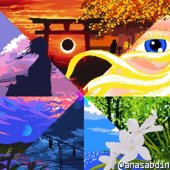 1other 2girls anas_abdin animated autumn_leaves bench blonde_hair blue_eyes close-up cloud cloudy_sky color_wheel_challenge diffraction_spikes eclipse leaf looping_animation moon multiple_drawing_challenge multiple_girls nature ocean original park_bench pixel_art river sitting sky storm sunset tagme torii traffic_light twitter_username video wind