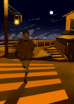 Rule 34 | 1girl, cloud, crosswalk, female focus, full moon, hands in pockets, horizon, jacket, kneehighs, lamppost, moon, night, original, outdoors, road, scarf, shadow, shiira, short hair, skirt, sky, socks, solo, street, traffic light, walking