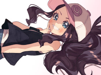 Rule 34 | 1girl, bare shoulders, baseball cap, black vest, blue eyes, blush, brown hair, commentary request, exposed pocket, finger to cheek, from side, godouyu (neisukun), grin, hat, high ponytail, highres, hilda (pokemon), long hair, looking at viewer, nintendo, pokemon, pokemon bw, ponytail, sidelocks, sideways, simple background, sleeveless, smile, solo, upper body, very long hair, vest, wide ponytail