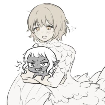 1boy 1girl blonde_hair chimera clenched_teeth dungeon_meshi elf falin_touden falin_touden_(chimera) feathers holding holding_chibi mayo_(mayo88meshi) monster_girl open_mouth pointy_ears short_hair sidelocks simple_background sketch sweatdrop teeth thistle_(dungeon_meshi) upper_teeth_only white_background white_eyes white_feathers wings yellow_eyes