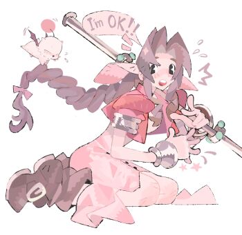 aerith_gainsborough bangle boots bracelet braid braided_ponytail brown_boots brown_hair creature cropped_jacket dress english_text final_fantasy final_fantasy_vii flying_sweatdrops full_body hair_ribbon highres holding holding_staff jacket jaysoysaucee jewelry kneeling long_dress long_hair materia moogle open_mouth over_shoulder parted_bangs pink_dress pink_ribbon puffy_short_sleeves puffy_sleeves red_jacket ribbon short_sleeves sidelocks single_braid staff weapon weapon_over_shoulder white_background