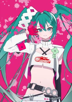 1girl arm_warmers asymmetrical_sleeves chest_strap crop_top double-parted_bangs gloves goodsmile_company goodsmile_racing green_eyes green_hair hair_between_eyes hair_intakes hairband half_gloves hatsune_miku ji-rex midriff navel paint_splatter pink_background racing_miku racing_miku_(2025) solo upper_body vocaloid