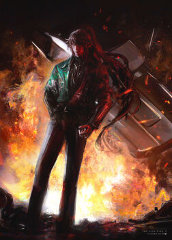 1boy absurdres alternate_costume artist_logo black_hair black_pants closed_mouth commentary english_commentary english_text explosion explosion_background hand_in_pocket highres logo long_hair male_focus pants ponytail qiuyuan_(wuthering_waves) solo ui_uiiiiiiiii wuthering_waves