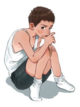 1boy bandaid brown_hair closed_mouth full_body hatoshi_(pico273) highres male_focus original short_hair shorts sitting socks solo tank_top white_background