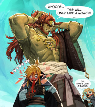 1girl 2boys abs absurdres armpits artist_name baggy_pants belt biceps bisexual_male blonde_hair blood blue_sky cape colored_skin coughing coughing_blood crown fingerless_gloves ganondorf gauntlets gem gloves grabbing_own_hair green_skin hairband heart heart-shaped_pupils highres holding_own_hair huge_pectorals implied_bisexual japanese_clothes jewelry kimono link long_hair long_sleeves looking_at_another multiple_boys muscular muscular_arms muscular_male napkin nintendo nipples nosebleed open_clothes open_kimono pants pectorals ponytail princess_zelda red_eyes red_hair sara_kinnaly shirt short_hair shoulder_tattoo sky smirk speech_bubble symbol-shaped_pupils tattoo teeth the_legend_of_zelda thick_eyebrows twintails twitter_username