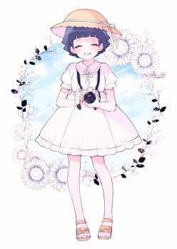 1girl absurdres blue_hair blue_sky blunt_bangs border boruto:_naruto_next_generations camera camera_around_neck closed_eyes cloud cloudy_sky collared_dress dress facial_mark floral_background flower full_body hat highres holding holding_camera naruto_(series) parted_lips puffy_short_sleeves puffy_sleeves sandals short_hair short_sleeves sky smile solo standing straw_hat sun_hat sunflower teeth ting uzumaki_himawari whisker_markings white_border white_dress yellow_sandals