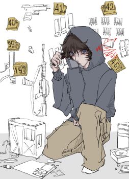 Rule 34 | 1boy, absurdres, adam lanza, ammunition, animification, bag, baggy pants, bags under eyes, blue eyes, blue jacket, brown hair, brown pants, cargo pants, cd case, closed mouth, elbow rest, electric plug, expressionless, eyes visible through hair, full body, glock, gun, gun to head, hair between eyes, hand up, handgun, highres, holding, holding gun, holding weapon, hood, hood up, hooded jacket, jacket, knee up, long sleeves, looking at viewer, male focus, monochrome background, no shoes, on one knee, pants, photo-referenced, puffy long sleeves, puffy sleeves, real life, screwdriver, short hair, simple background, sitting, socks, solo, tangguaqiezi, tareme, true crime, unworn bag, weapon, white background, white socks