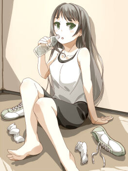 1girl barefoot black_hair bottle feet green_eyes inari_(suttugunisoyacyou) long_hair looking_at_viewer open_mouth shoes socks soles toes unworn_shoes unworn_socks water_bottle white_socks