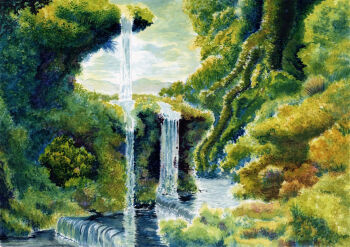 cliff commentary_request day foliage highres kyuui landscape nature no_humans original outdoors painting_(medium) river scenery traditional_media water watercolor_(medium) waterfall