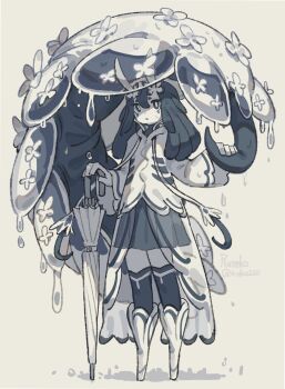 1girl black_eyes black_hair black_skirt black_thighhighs commentary full_body highres holding holding_own_tail holding_umbrella long_hair looking_at_viewer monster_girl no_feet original ruteko_(ruko220) simple_background skirt solo standing symbol-only_commentary tail tentacle_hair thick_tail thighhighs umbrella very_long_tail yellow_background