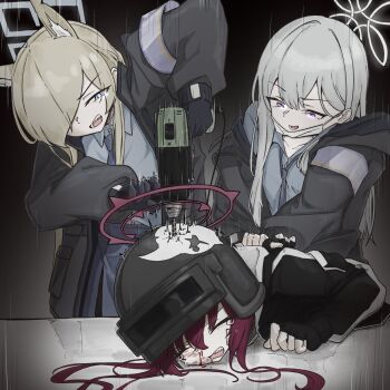 3girls 743_(743rd_bat) animal_ears arm_behind_back armband blonde_hair blood blue_archive closed_eyes commentary crying dog_ears fingerless_gloves gloves grey_hair hair_over_one_eye halo helmet highres holding_power_drill jacket kanna_(blue_archive) konoka_(blue_archive) long_hair long_sleeves mask_pull motion_lines multiple_girls necktie nosebleed open_clothes open_jacket open_mouth purple_eyes rabu_(blue_archive) red_hair shirt symbol-only_commentary tears