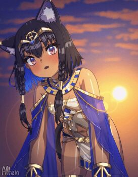 1girl all_fours alten ancient_egyptian ancient_egyptian_clothes animal_ear_fluff animal_ears animated animated_gif ankh artist_name black_hair blue_hair blush bob_cut borrowed_character braid cat_ears cat_girl clothing_cutout cloud cloudy_sky dark-skinned_female dark_skin dress ear_wiggle fang headpiece jewelry leaning_forward looking_at_viewer navel nejet_(kawakami_rokkaku) off_shoulder open_mouth pink_eyes shiny_skin side_slit single_braided_sidelock skindentation sky solo sunset tail tail_ornament tail_ring tail_wagging thigh_strap usekh_collar wrist_cuffs