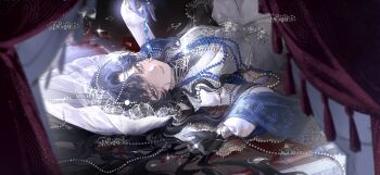 1girl absurdres black_gloves black_hair blood blood_on_face blood_on_ground bonnet closed_mouth commission curtains gloves highres isolde_(reverse:1999) long_hair lying on_back on_ground purple_eyes reverse:1999 sangxin-bingkuang_chang_ergouzi smile solo upper_body watermark white_bonnet