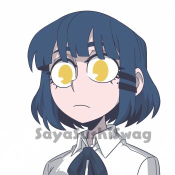 Rule 34 | 1girl, parallel hairclips, artist name, blue hair, bocchi the rock!, collared shirt, hair ornament, hairclip, highres, mole, mole under eye, neck ribbon, ribbon, sayasushiswag, shirt, short hair, sidelocks, solo, twitter username, white background, yamada ryo, yellow eyes