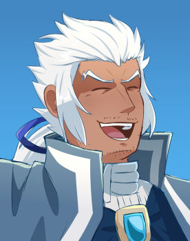 Rule 34 | 1boy, aquiline nose, blue background, blue ribbon, brooch, catovyen, classicaloid, closed eyes, dark-skinned male, dark skin, facial hair, happy, highres, jewelry, johann sebastian bach (classicaloid), laughing, long hair, male focus, mature male, mustache stubble, nose, open mouth, ribbon, simple background, solo, sparse stubble, stubble, teeth, upper body, white hair