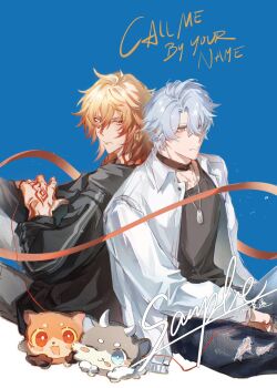 Rule 34 | 2boys, alternate costume, antenna hair, arm tattoo, black choker, black jacket, black shirt, blonde hair, blue eyes, braid, chimera (honkai: star rail), choker, commentary, denim, dog tags, facial tattoo, gradient hair, highres, honkai: star rail, honkai (series), jacket, jeans, male focus, medium hair, multicolored hair, multiple boys, mydei (fig stew) (honkai: star rail), mydei (honkai: star rail), neck tattoo, open clothes, open jacket, pants, parted bangs, phainon (honkai: star rail), phainon (vigethos) (honkai: star rail), red hair, red tattoo, shirt, short hair, side braid, untranslatable commentary, tattoo, torn clothes, torn jeans, torn pants, white hair, white jacket, yellow eyes, yup6osoeff72033