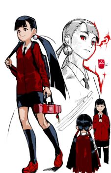 1girl 2016 achika_(overlord_jc) backpack bag black_hair black_necktie black_skirt black_socks blunt_bangs cardigan collared_shirt earrings frown full_body handbag hands_up highres holding holding_bag jewelry kneehighs long_hair long_sleeves necktie original overlord_jc own_hands_together pearl_earrings pencil_skirt red_cardigan red_eyes red_shoes school_uniform shirt shoes sketch skirt socks solo_focus sphere_earrings thighhighs twintails white_shirt zettai_ryouiki