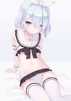 1girl arona_(blue_archive) bare_shoulders black_bow black_bowtie blue_archive blue_eyes blue_hair bow bowtie breasts choker closed_mouth collarbone dot_nose hair_between_eyes hair_over_one_eye highres looking_at_viewer midriff naughty_face navel revealing_clothes sailor_collar bad_tag short_hair sitting sleeveless small_breasts smile solo solo_focus stomach thighhighs usamiusamimii white_thighhighs