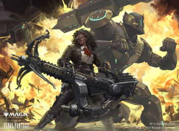 1girl 1other ascot automaton_queen black_hair bow_(weapon) copyright_name copyright_notice crossbow dark-skinned_female dark_skin explosion fighting_stance final_fantasy final_fantasy_xiv gloves goggles highres holding holding_weapon hyur machinist_(final_fantasy) magic:_the_gathering official_art pencillien red_ascot robot rook_(ff14) shoulder_cannon very_dark_skin warrior_of_light_(ff14) weapon