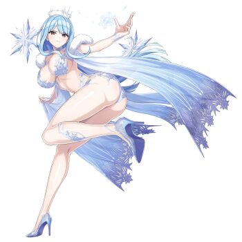 1girl ass blue_dress blue_hair bra breasts cleavage crown cryokinesis dolphin_wave dress game_cg high_heels highres ice ice_crystal lace lace-trimmed_bra lace_trim large_breasts leg_up long_hair looking_at_viewer looking_back magic multiple_scarves nayuki_hiori non-web_source official_art ootomo_takuji pumps red_eyes see-through_scarf shoes snowflake_print snowflakes sprite_art stiletto_heels transparent_background underwear