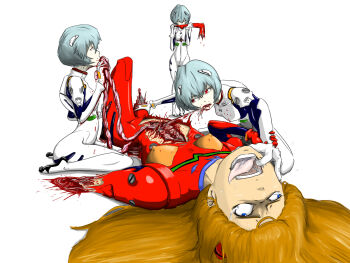 4girls amputee artist_request ayanami_rei bodysuit cannibalism death eating empty_eyes guro hard_vore highres lying mecha_pilot_suit multiple_girls multiple_persona neon_genesis_evangelion organs pain plugsuit_(evangelion) red_bodysuit simple_background souryuu_asuka_langley the_end_of_evangelion vore what white_background bad_tag