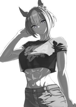 1girl abs absurdres adjusting_hair cesario_(umamusume) commentary cowboy_shot crop_top crop_top_overhang cropped_shirt greyscale hand_on_own_head highres looking_at_viewer midriff monochrome multicolored_hair muscular muscular_female senchan_7 simple_background solo streaked_hair uma_summer_(umamusume) umamusume white_background