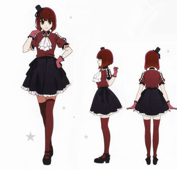 1girl absurdres arima_kana ascot black_shoes black_skirt bob_cut closed_mouth dress frills gem gloves hat highres idol idol_clothes inverted_bob looking_at_viewer mini_hat non-web_source official_art oshi_no_ko red_eyes red_gem red_gloves red_hair red_shirt red_socks reference_sheet scan self-scan shirt shoes skirt socks white_ascot