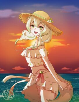 1girl animal_ears bikini braid breasts crop_top dress ferret ferret_ears ferret_girl ferret_tail flower_ornament frilled_bikini frilled_dress frills gold_thighlet gradient_hair gradient_tail green_eyes green_hair green_nails green_tail hair_between_eyes hat high-waist_bikini highres hyaster laimu_(vtuber) laimu_(summer)_(vtuber) leaf leaf_ornament looking_at_viewer medium_breasts midriff multicolored_hair multicolored_tail navel ocean pink_bikini pink_nails ribbon summer sun_hat sunset swimsuit tail thighlet twin_braids two-tone_hair two-tone_tail vinesauce virtual_youtuber water white_hair white_tail wind