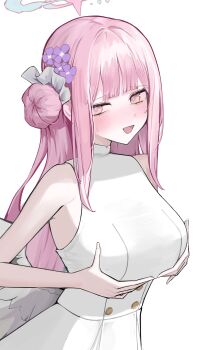 1girl absurdres bare_shoulders blue_archive blush breasts buttons commentary_request double-breasted dress feathered_wings flower hair_bun hair_flower hair_ornament hair_scrunchie halo highres large_breasts long_hair looking_at_viewer mika_(blue_archive) nephthys2356 open_mouth pink_hair scrunchie sidelocks single_side_bun sleeveless sleeveless_dress smile solo white_dress wings yellow_eyes