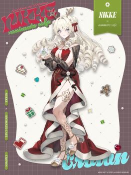 1girl blonde_hair blue_eyes breasts crown_(nikke) drill_hair full_body goddess_of_victory:_nikke highres holding holding_snow_globe official_alternate_costume official_art smile snow_globe solo too_many_drills yuuhi_homare
