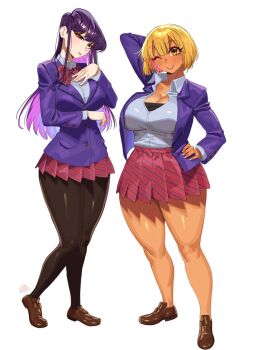 arm_behind_head arm_under_breasts black_pantyhose blazer blonde_hair blue_jacket blush bow bowtie breasts brown_shoes cleavage colored_inner_hair diagonal-striped_bow diagonal-striped_bowtie diagonal-striped_clothes diagonal-striped_skirt full_body gyaru hand_on_own_hip highres itan_private_high_school_uniform jacket komi-san_wa_komyushou_desu komi_shouko large_breasts lips loafers long_hair manbagi_rumiko miniskirt multicolored_hair one_eye_closed orange_eyes pankekes pantyhose pink_hair pleated_skirt purple_eyes purple_hair red_bow red_bowtie red_skirt school_uniform shirt shoes short_hair simple_background skirt smile standing striped_bow striped_bowtie striped_clothes thick_thighs thighs unbuttoned_jacket very_long_hair white_background white_shirt