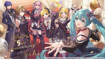 2boys 4girls adjusting_clothes adjusting_eyewear adjusting_headwear aqua_eyes aqua_hair arm_at_side arm_up artist_name bag balloon bare_shoulders bespectacled black_boots black_coat black_dress black_gloves black_shirt black_shorts black_vest blonde_hair blue_eyes blue_hair bob_cut boots bow breasts brown_eyes brown_gloves brown_hair choker closed_mouth coat collared_shirt commentary_request copyright_notice cowboy_shot dress eihi elbow_gloves frilled_choker frilled_shorts frills full_body glasses gloves grey_pants guest_art hair_between_eyes hair_bow hair_ornament hair_ribbon hairclip hand_on_own_chest hand_up happy_anniversary hatsune_miku headband highres indoors kagamine_len kagamine_rin kaito_(vocaloid) lapels long_hair long_skirt long_sleeves looking_at_viewer looking_back medium_breasts megurine_luka meiko_(vocaloid) multiple_boys multiple_girls neck_ribbon notched_lapels official_art open_mouth pants pink_hair project_sekai puffy_long_sleeves puffy_sleeves purple_eyes red_ribbon ribbon second-party_source shirt short_hair shorts shoulder_bag sidelocks skirt sleeveless sleeveless_shirt small_breasts smile spiked_hair stairs standing star_balloon straight_hair thigh_boots thighhighs twintails very_long_hair very_short_hair vest vocaloid white_choker white_thighhighs white_vest window wrist_cuffs